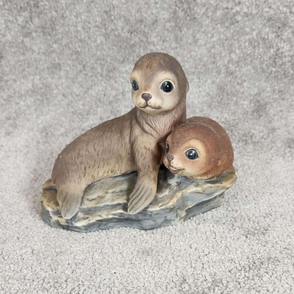 Homco Masterpiece Porcelain Seal Pups Figurine Brown Vintage 1981 Home Decor